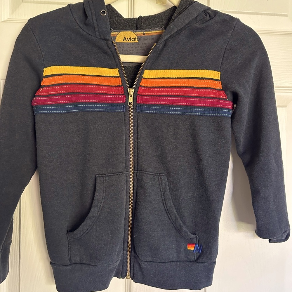 COPY - KIDS AVIATOR NATION 5 Stripe Rainbow Hoodie Charcoal - Size 6/8
